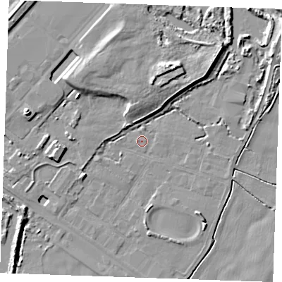 Shaded relief map of the ground around PE343AB, computed from Environment Agency LiDAR. The ground here sits at about 2 m above sea level and falls 9 m across the surrounding 800 m. The ground contributing surface water to this point lies to the east-south-east.