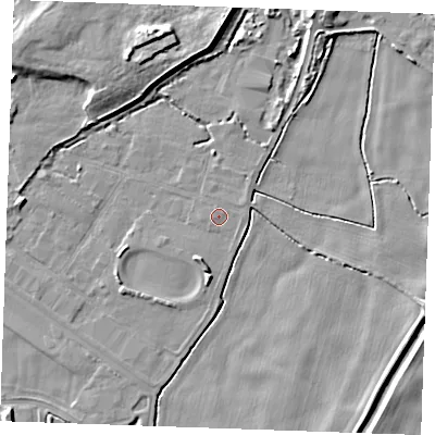 Shaded relief map of the ground around PE343AF, computed from Environment Agency LiDAR. The ground here sits at about 2 m above sea level and falls 9 m across the surrounding 800 m. Surface water reaching this point runs off ground lying to the east-north-east, 0.7 m higher.