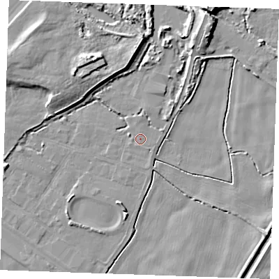 Shaded relief map of the ground around PE343AG, computed from Environment Agency LiDAR. The ground here sits at about 2 m above sea level and falls 9 m across the surrounding 800 m. The ground contributing surface water to this point lies to the south-east.