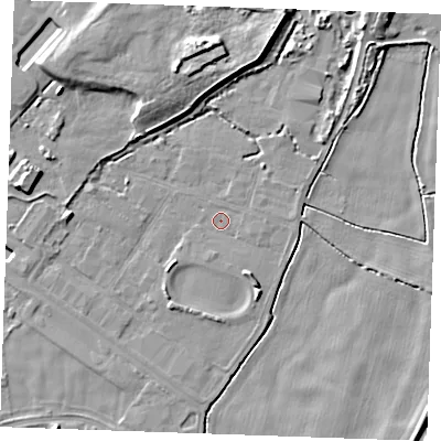 Shaded relief map of the ground around PE343AH, computed from Environment Agency LiDAR. The ground here sits at about 2 m above sea level and falls 9 m across the surrounding 800 m. Surface water reaching this point runs off ground lying to the north-north-west, 7.0 m higher.