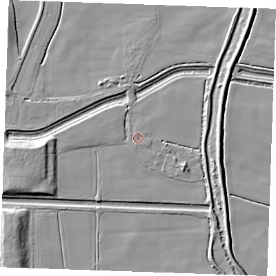 Shaded relief map of the ground around PE343AP, computed from Environment Agency LiDAR. The ground here sits at about 2 m above sea level and falls 7 m across the surrounding 800 m. Surface water reaching this point runs off ground lying to the north-north-west, 2.4 m higher.