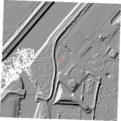 Shaded relief map of the ground around PE343AQ, computed from Environment Agency LiDAR. The ground here sits at about 5 m above sea level and falls 13 m across the surrounding 800 m. Surface water reaching this point runs off ground lying to the south-south-west, 1.9 m higher.