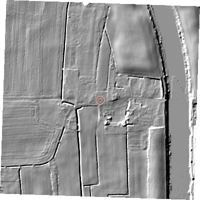 Shaded relief map of the ground around PE343AR, computed from Environment Agency LiDAR. The ground here sits at about 2 m above sea level and falls 7 m across the surrounding 800 m. Surface water reaching this point runs off ground lying to the east-south-east, 5.1 m higher.