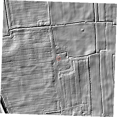 Shaded relief map of the ground around PE343AT, computed from Environment Agency LiDAR. The ground here sits at about 2 m above sea level and falls 8 m across the surrounding 800 m. Surface water reaching this point runs off ground lying to the west-south-west, 1.2 m higher.