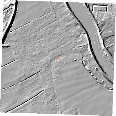Shaded relief map of the ground around PE343AU, computed from Environment Agency LiDAR. The ground here sits at about 2 m above sea level and falls 8 m across the surrounding 800 m. Surface water reaching this point runs off ground lying to the east-north-east, 4.3 m higher.