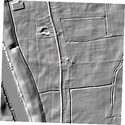 Shaded relief map of the ground around PE343AW, computed from Environment Agency LiDAR. The ground here sits at about 2 m above sea level and falls 6 m across the surrounding 800 m. Surface water reaching this point runs off ground lying to the east-north-east, 1.2 m higher.