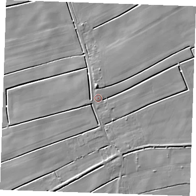 Shaded relief map of the ground around PE343AY, computed from Environment Agency LiDAR. The ground here sits at about 2 m above sea level and falls 5 m across the surrounding 800 m. Surface water reaching this point runs off ground lying to the north-north-west, 3.0 m higher.