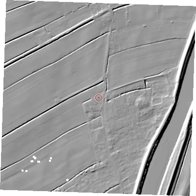 Shaded relief map of the ground around PE343AZ, computed from Environment Agency LiDAR. The ground here sits at about 2 m above sea level and falls 8 m across the surrounding 800 m. Surface water reaching this point runs off ground lying to the east-north-east, 2.2 m higher.