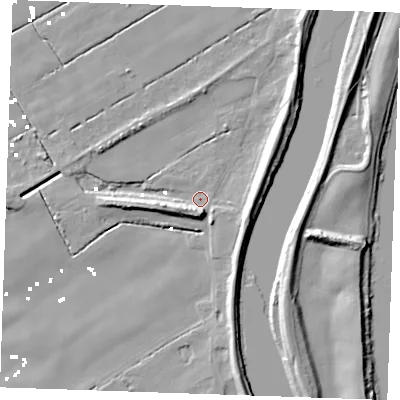 Shaded relief map of the ground around PE343BB, computed from Environment Agency LiDAR. The ground here sits at about 1 m above sea level and falls 10 m across the surrounding 800 m. Surface water reaching this point runs off ground lying to the south, 6.6 m higher.