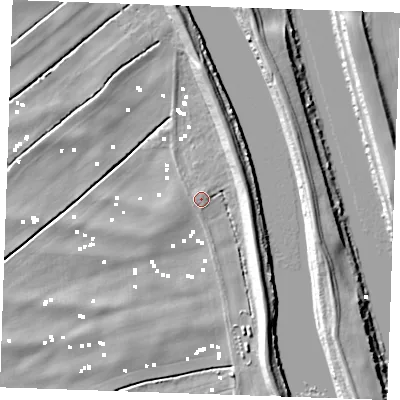 Shaded relief map of the ground around PE343BD, computed from Environment Agency LiDAR. The ground here sits at about 2 m above sea level and falls 10 m across the surrounding 800 m. Surface water reaching this point runs off ground lying to the west-north-west, 0.8 m higher.