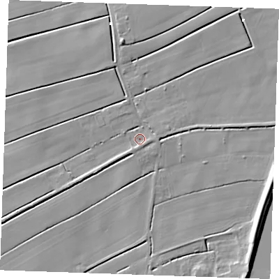 Shaded relief map of the ground around PE343BE, computed from Environment Agency LiDAR. The ground here sits at about 1 m above sea level and falls 8 m across the surrounding 800 m. Surface water reaching this point runs off ground lying to the east, 2.5 m higher.