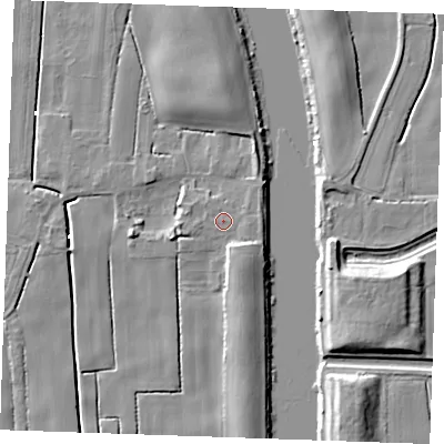 Shaded relief map of the ground around PE343BF, computed from Environment Agency LiDAR. The ground here sits at about 3 m above sea level and falls 8 m across the surrounding 800 m. Surface water reaching this point runs off ground lying to the east, 0.8 m higher.