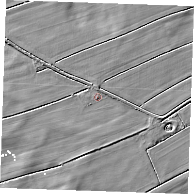 Shaded relief map of the ground around PE343BG, computed from Environment Agency LiDAR. The ground here sits at about 2 m above sea level and falls 4 m across the surrounding 800 m. Surface water reaching this point runs off ground lying to the east-north-east, 1.2 m higher.
