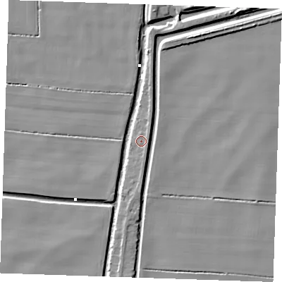 Shaded relief map of the ground around PE343BH, computed from Environment Agency LiDAR. The ground here sits at about 2 m above sea level and falls 6 m across the surrounding 800 m. Surface water reaching this point runs off ground lying to the east, 1.3 m higher.