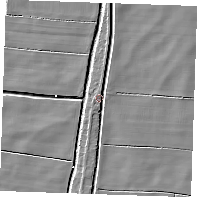 Shaded relief map of the ground around PE343BJ, computed from Environment Agency LiDAR. The ground here sits at about 2 m above sea level and falls 5 m across the surrounding 800 m. Surface water reaching this point runs off ground lying to the north, 3.0 m higher.