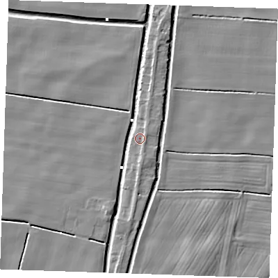 Shaded relief map of the ground around PE343BL, computed from Environment Agency LiDAR. The ground here sits at about 1 m above sea level and falls 5 m across the surrounding 800 m. Surface water reaching this point runs off ground lying to the south-south-east, 1.0 m higher.