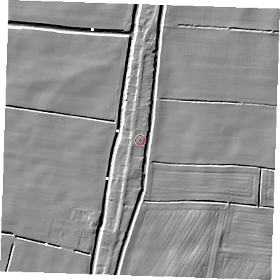 Shaded relief map of the ground around PE343BN, computed from Environment Agency LiDAR. The ground here sits at about 2 m above sea level and falls 5 m across the surrounding 800 m. Surface water reaching this point runs off ground lying to the south-south-west, 2.6 m higher.