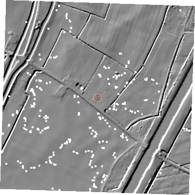 Shaded relief map of the ground around PE343BP, computed from Environment Agency LiDAR. The ground here sits at about 1 m above sea level and falls 5 m across the surrounding 800 m. Surface water reaching this point runs off ground lying to the south, 1.3 m higher.