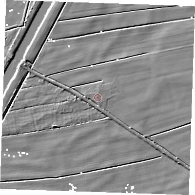 Shaded relief map of the ground around PE343BQ, computed from Environment Agency LiDAR. The ground here sits at about 2 m above sea level and falls 4 m across the surrounding 800 m. Surface water reaching this point runs off ground lying to the south-east, 2.3 m higher.