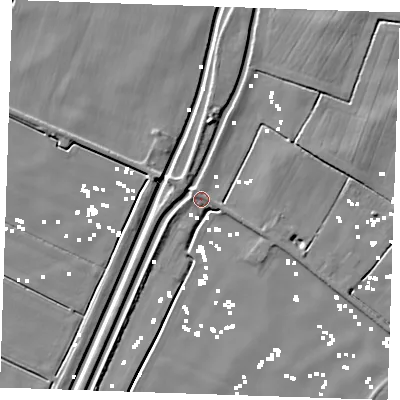 Shaded relief map of the ground around PE343BW, computed from Environment Agency LiDAR. The ground here sits at about 1 m above sea level and falls 5 m across the surrounding 800 m. Surface water reaching this point runs off ground lying to the north-west, 2.8 m higher.