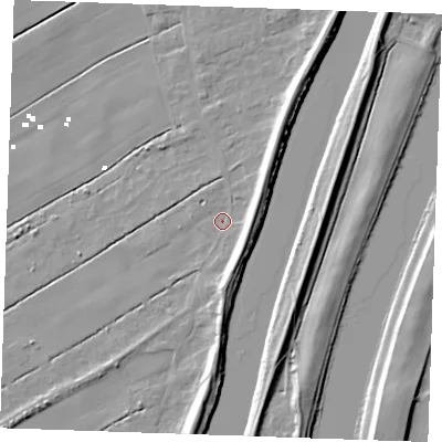 Shaded relief map of the ground around PE343BX, computed from Environment Agency LiDAR. The ground here sits at about 2 m above sea level and falls 8 m across the surrounding 800 m. Surface water reaching this point runs off ground lying to the north-east, 6.3 m higher.