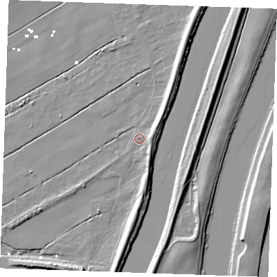 Shaded relief map of the ground around PE343BY, computed from Environment Agency LiDAR. The ground here sits at about 2 m above sea level and falls 9 m across the surrounding 800 m. Surface water reaching this point runs off ground lying to the east, 4.6 m higher.
