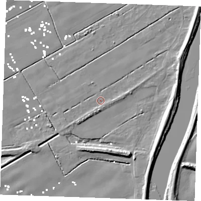 Shaded relief map of the ground around PE343BZ, computed from Environment Agency LiDAR. The ground here sits at about 1 m above sea level and falls 10 m across the surrounding 800 m. Surface water reaching this point runs off ground lying to the east-north-east, 6.7 m higher.
