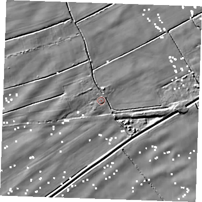 Shaded relief map of the ground around PE343DA, computed from Environment Agency LiDAR. The ground here sits at about 1 m above sea level and falls 6 m across the surrounding 800 m. Surface water reaching this point runs off ground lying to the north-north-east, 1.2 m higher.
