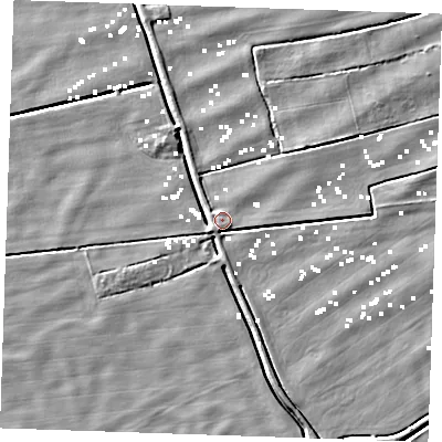 Shaded relief map of the ground around PE343DB, computed from Environment Agency LiDAR. The ground here sits at about 1 m above sea level and falls 4 m across the surrounding 800 m. Surface water reaching this point runs off ground lying to the south-south-west, 1.2 m higher.