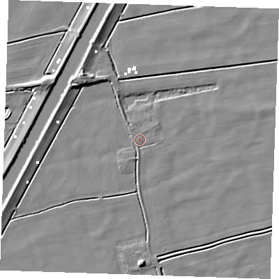 Shaded relief map of the ground around PE343DD, computed from Environment Agency LiDAR. The ground here sits at about -1 m above sea level and falls 7 m across the surrounding 800 m. The ground contributing surface water to this point lies to the east-south-east.