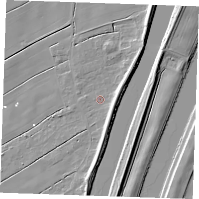 Shaded relief map of the ground around PE343DH, computed from Environment Agency LiDAR. The ground here sits at about 2 m above sea level and falls 8 m across the surrounding 800 m. Surface water reaching this point runs off ground lying to the south-south-east, 6.2 m higher.