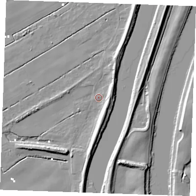 Shaded relief map of the ground around PE343DJ, computed from Environment Agency LiDAR. The ground here sits at about 2 m above sea level and falls 9 m across the surrounding 800 m. Surface water reaching this point runs off ground lying to the east-north-east, 6.1 m higher.