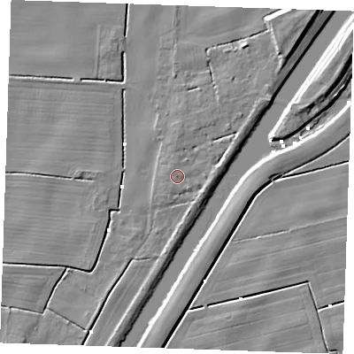 Shaded relief map of the ground around PE343DL, computed from Environment Agency LiDAR. The ground here sits at about 2 m above sea level and falls 7 m across the surrounding 800 m. Surface water reaching this point runs off ground lying to the west-north-west, 1.0 m higher.