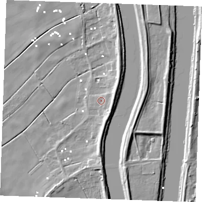 Shaded relief map of the ground around PE343DP, computed from Environment Agency LiDAR. The ground here sits at about 2 m above sea level and falls 10 m across the surrounding 800 m. Surface water reaching this point runs off ground lying to the east-north-east, 6.7 m higher.