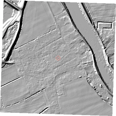 Shaded relief map of the ground around PE343DS, computed from Environment Agency LiDAR. The ground here sits at about 3 m above sea level and falls 8 m across the surrounding 800 m. Surface water reaching this point runs off ground lying to the east, 0.6 m higher.