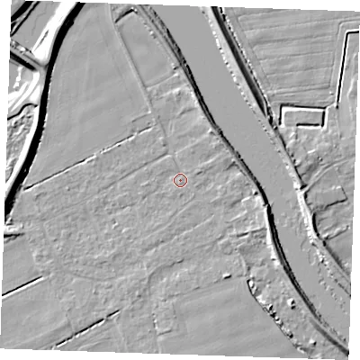Shaded relief map of the ground around PE343DU, computed from Environment Agency LiDAR. The ground here sits at about 3 m above sea level and falls 9 m across the surrounding 800 m. Surface water reaching this point runs off ground lying to the east-north-east, 4.2 m higher.