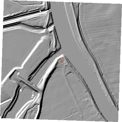 Shaded relief map of the ground around PE343DX, computed from Environment Agency LiDAR. The ground here sits at about 5 m above sea level and falls 9 m across the surrounding 800 m. Surface water reaching this point runs off ground lying to the east, 2.8 m higher.