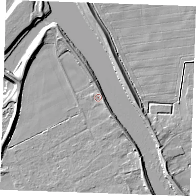 Shaded relief map of the ground around PE343DZ, computed from Environment Agency LiDAR. The ground here sits at about 4 m above sea level and falls 9 m across the surrounding 800 m. Surface water reaching this point runs off ground lying to the south-east, 3.4 m higher.