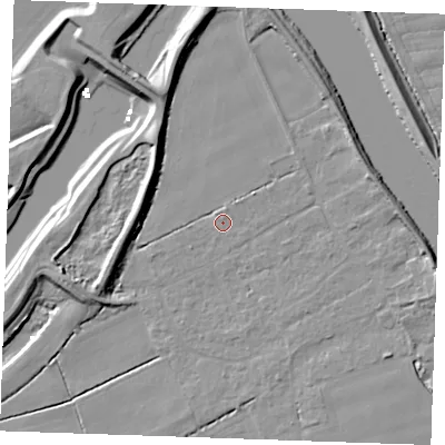 Shaded relief map of the ground around PE343EB, computed from Environment Agency LiDAR. The ground here sits at about 2 m above sea level and falls 9 m across the surrounding 800 m. Surface water reaching this point runs off ground lying to the north-east, 1.2 m higher.