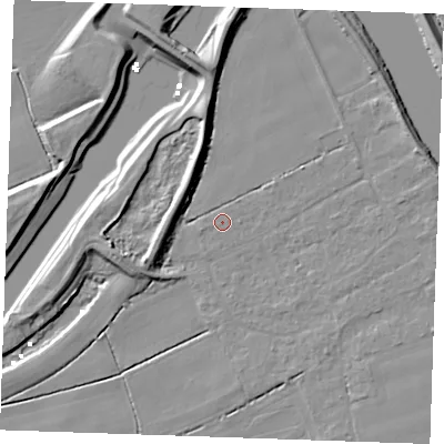 Shaded relief map of the ground around PE343ED, computed from Environment Agency LiDAR. The ground here sits at about 2 m above sea level and falls 9 m across the surrounding 800 m. Surface water reaching this point runs off ground lying to the north-east, 2.4 m higher.