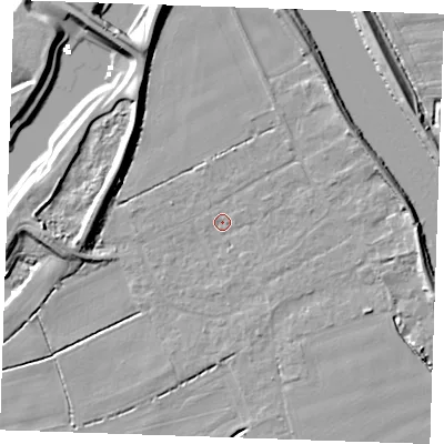 Shaded relief map of the ground around PE343EF, computed from Environment Agency LiDAR. The ground here sits at about 2 m above sea level and falls 8 m across the surrounding 800 m. Surface water reaching this point runs off ground lying to the east-north-east, 5.0 m higher.