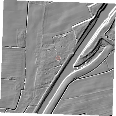 Shaded relief map of the ground around PE343EG, computed from Environment Agency LiDAR. The ground here sits at about 2 m above sea level and falls 7 m across the surrounding 800 m. Surface water reaching this point runs off ground lying to the north, 0.7 m higher.