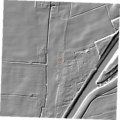 Shaded relief map of the ground around PE343EH, computed from Environment Agency LiDAR. The ground here sits at about 1 m above sea level and falls 7 m across the surrounding 800 m. Surface water reaching this point runs off ground lying to the east, 2.5 m higher.