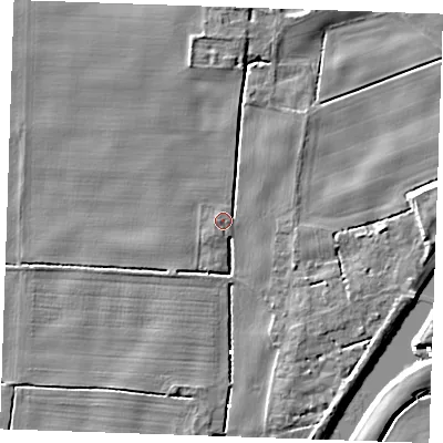 Shaded relief map of the ground around PE343EL, computed from Environment Agency LiDAR. The ground here sits at about 2 m above sea level and falls 7 m across the surrounding 800 m. Surface water reaching this point runs off ground lying to the south-west, 3.2 m higher.