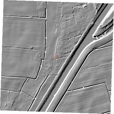 Shaded relief map of the ground around PE343EN, computed from Environment Agency LiDAR. The ground here sits at about 2 m above sea level and falls 6 m across the surrounding 800 m. Surface water reaching this point runs off ground lying to the north-east, 1.3 m higher.