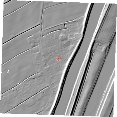 Shaded relief map of the ground around PE343EP, computed from Environment Agency LiDAR. The ground here sits at about 1 m above sea level and falls 8 m across the surrounding 800 m. Surface water reaching this point runs off ground lying to the south, 6.2 m higher.