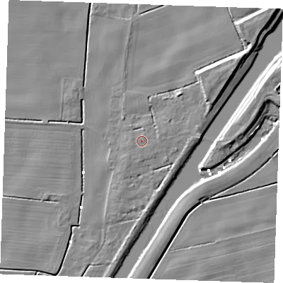 Shaded relief map of the ground around PE343EQ, computed from Environment Agency LiDAR. The ground here sits at about 2 m above sea level and falls 7 m across the surrounding 800 m. Surface water reaching this point runs off ground lying to the east, 0.6 m higher.