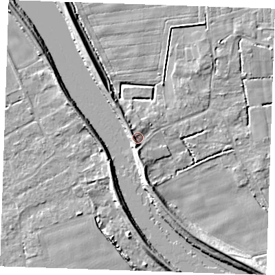 Shaded relief map of the ground around PE343EU, computed from Environment Agency LiDAR. The ground here sits at about 4 m above sea level and falls 7 m across the surrounding 800 m. Surface water reaching this point runs off ground lying to the west, 3.0 m higher.
