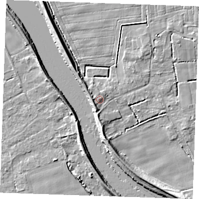 Shaded relief map of the ground around PE343EX, computed from Environment Agency LiDAR. The ground here sits at about 5 m above sea level and falls 7 m across the surrounding 800 m. Surface water reaching this point runs off ground lying to the south-west, 3.3 m higher.