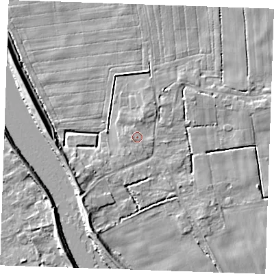 Shaded relief map of the ground around PE343EZ, computed from Environment Agency LiDAR. The ground here sits at about 3 m above sea level and falls 8 m across the surrounding 800 m. Surface water reaching this point runs off ground lying to the west, 1.4 m higher.